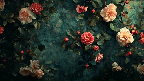 Vintage Garden Roses Against Teal Wall.
