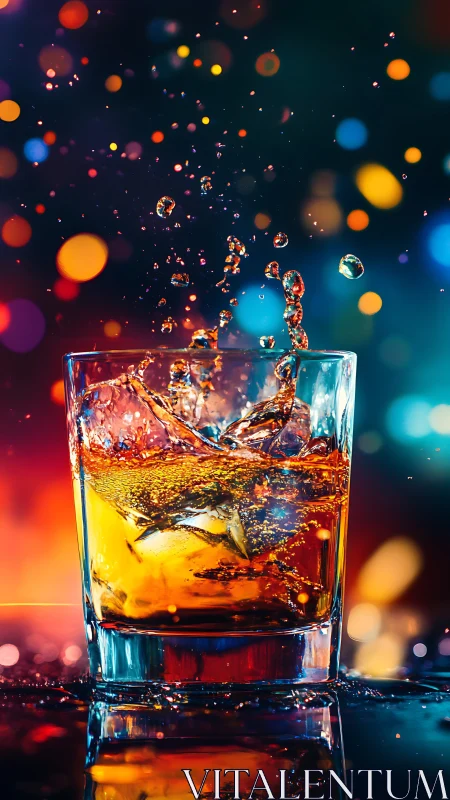 Beverage glass with liquid splash and bokeh background lighting