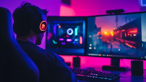 Dual-monitor RGB battlestation with immersive gaming environment.