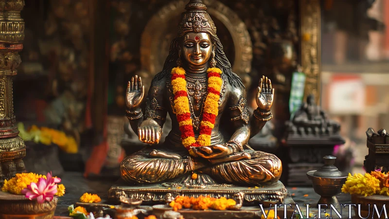 Gilded Hindu deity statue adorned with marigold garlands.