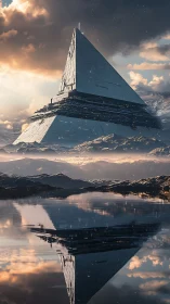 Futuristic pyramid fortress reflects across still alpine lake.