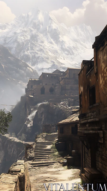Sunlit cliffside stairway beneath a watchful winter mountain.