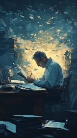 Late night writer finds quiet focus amid swirling papers