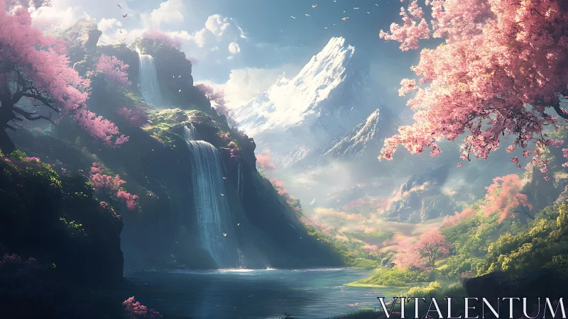Mountain valley with waterfalls and dense cherry blossoms.