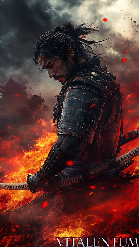 Samurai warrior in burning battlefield with cinematic lighting.