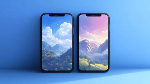 Dual smartphones with contrasting alpine vistas displayed.