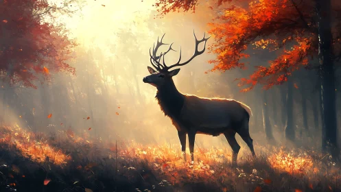 Majestic stag stands in glowing autumn forest haze