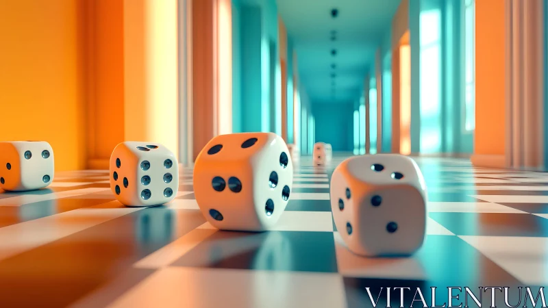 Glowing dice roll across a surreal checkerboard corridor.