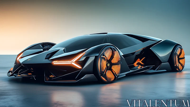 Futuristic electric hypercar with neon aero wheels under studio light