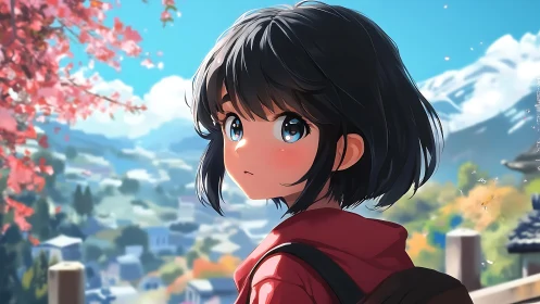 Anime girl in red hoodie overlooking bright mountain town