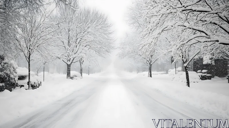 Winter street disappears into luminous white snowfall haze.