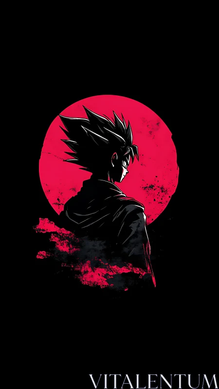 Silhouetted spiky-haired warrior against distressed red moon