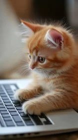 Ginger kitten paws laptop keyboard with curious expression.