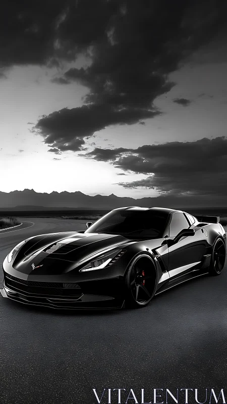 Black supercar cuts through moody mountain highway dusk.