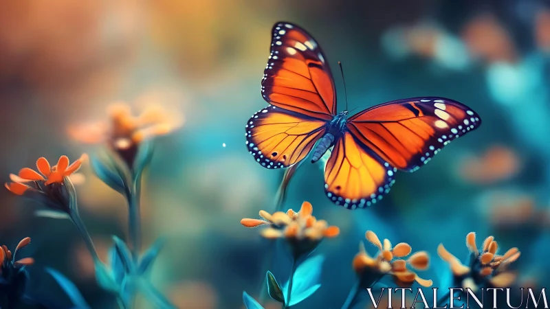 Chromatic macro study of orange butterfly in bokeh garden.