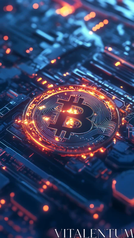 Bitcoin symbol on illuminated circuit board in blue and orange.