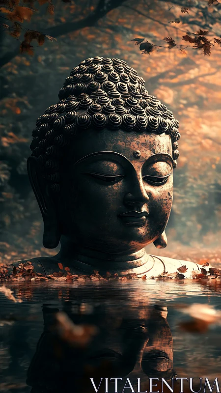 Buddha statue head reflects in calm water under autumn foliage