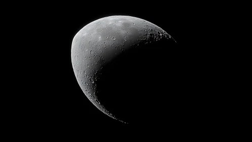 Crescent moon glows softly, revealing crisp crater details