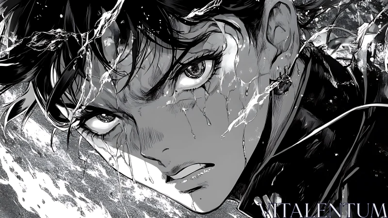 Intense manga portrait rendered with dynamic inked water effects