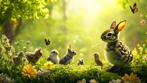 Sunlit forest animals gather in a peaceful spring meadow.