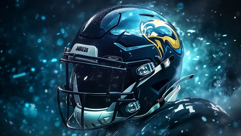 Blue football helmet close-up with jaguar logo in motion.