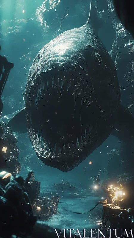 Colossal deep sea monster charges divers in eerie blue abyss