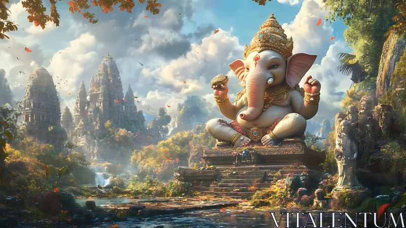 Majestic Ganesha idol amid lush temple valley at sunrise.