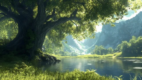 Sunlit lakeside tree against distant mountain valley.