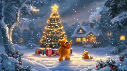 Anthropomorphic bears in illuminated snowy Christmas cottage yard