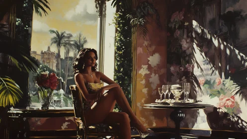 Sunlit veranda portrait balancing chiaroscuro and saturated florals