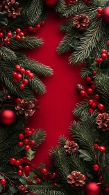 Christmas pine branches and red berries on red background.