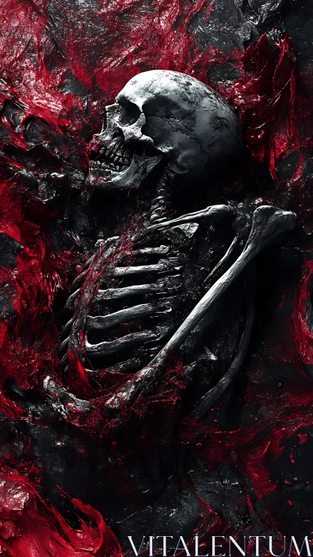 Eroded skeleton engulfed in crimson molten darkness.