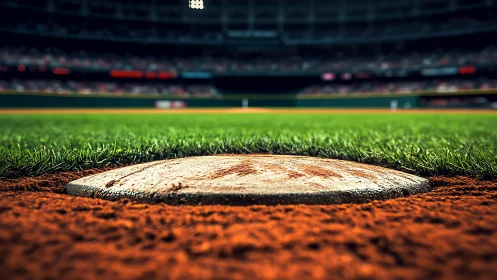Baseball home plate rests in sharp focus on sunlit infield