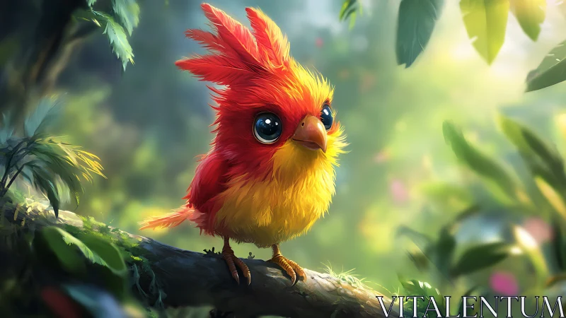 Cute Fantasy Red and Yellow Bird with Big Eyes in Vibrant Forest.