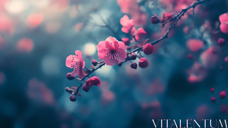 Pink Cherry Blossoms in Atmospheric Depth of Field.