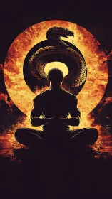 Digital painting of meditative warrior silhouetted by coiled serpent.