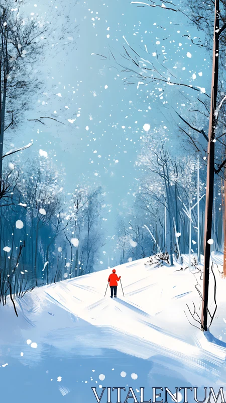 Red skier crosses luminous winter trail under falling snow.
