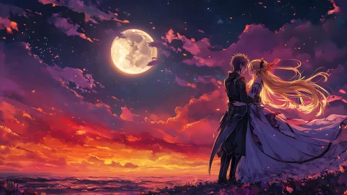 Couple embracing under full moon and vivid sunset sky.