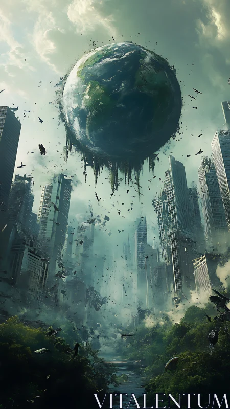 Shattered skyline beneath a levitating, crumbling Earth sphere.
