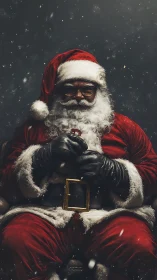 Low-key cinematic Santa portrait with snow particle dynamics.