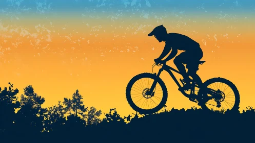 Mountain Biker Silhouette Against Golden Sunset Sky