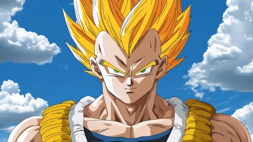 Cel-shaded anime warrior portrait under saturated sky