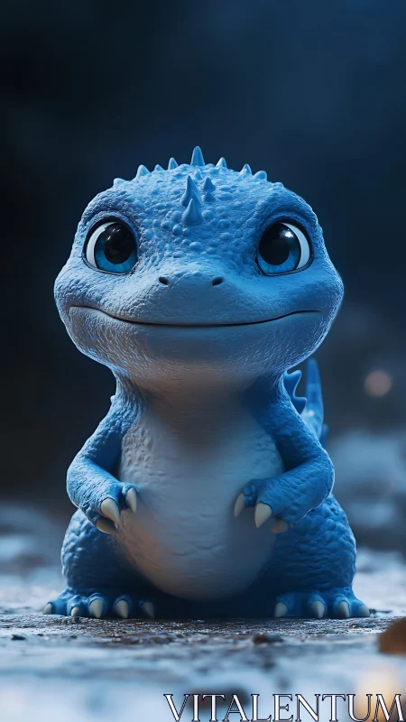 Stylized blue baby dragon character in dim outdoor setting.