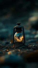 Rust-coated glass lantern rests on wet pebbled shoreline at dusk