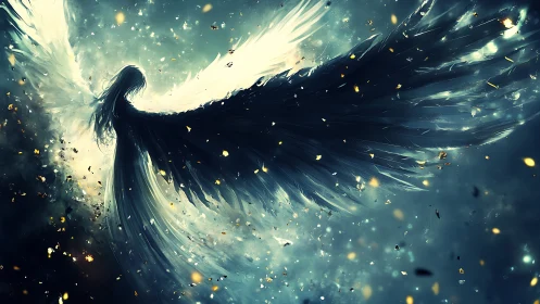 Winged figure with contrasting light and dark feathers spreads wings