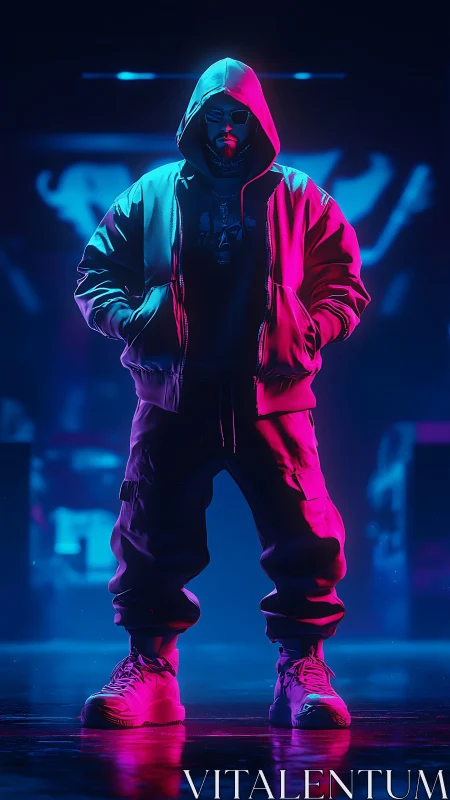 Neon hooded figure stands confident in glowing cyberpunk light