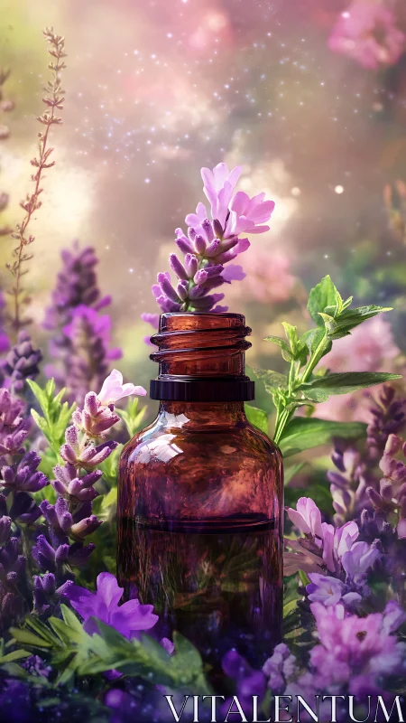 Lavender elixir bottle dreaming in a sparkling floral haze.