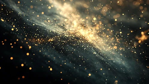 Golden particulate field suspended in dark spatial plane.