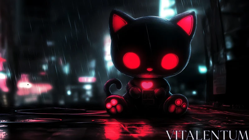 Neon-lit cybernetic cat plush with emissive red core in rain-soaked alley