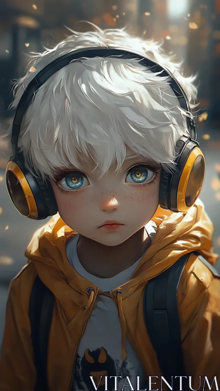 Silver haired child in yellow hoodie with urban headphones.